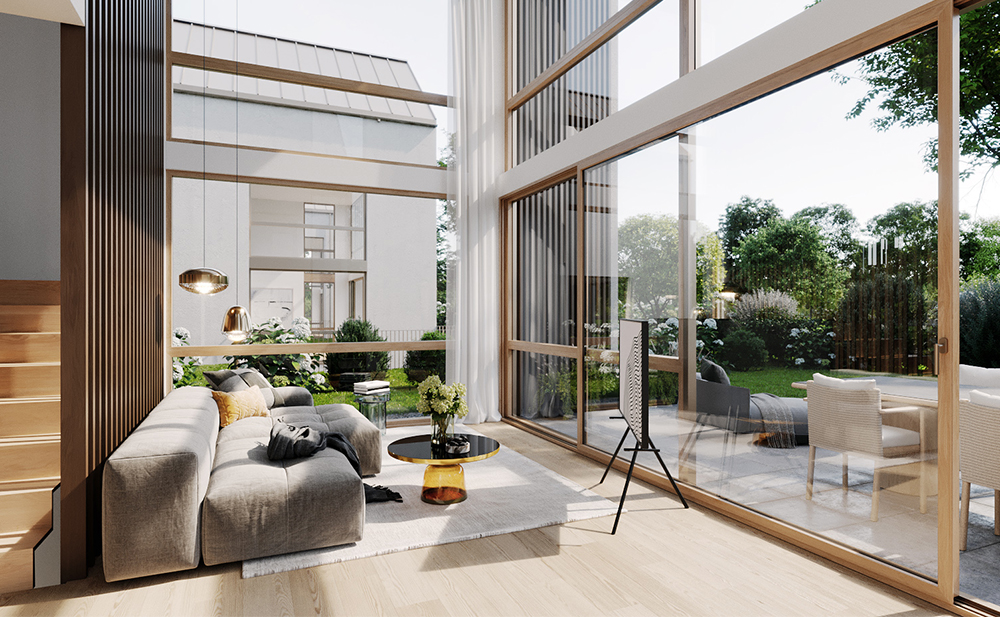 Innenperspektive eines Wohnraums in einer Villa in Gräfelfing (Rendering)